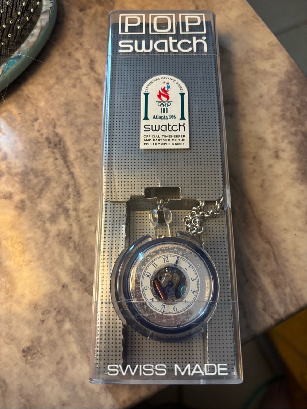 Swatch Blue and Silver POP Pocket Watch with Chain Olympic 1996 special.